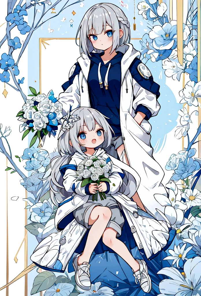 Women,Silver Hair,blue eyes,Bob,birthday,whole body,White hoodie,Grey shorts,bouquet