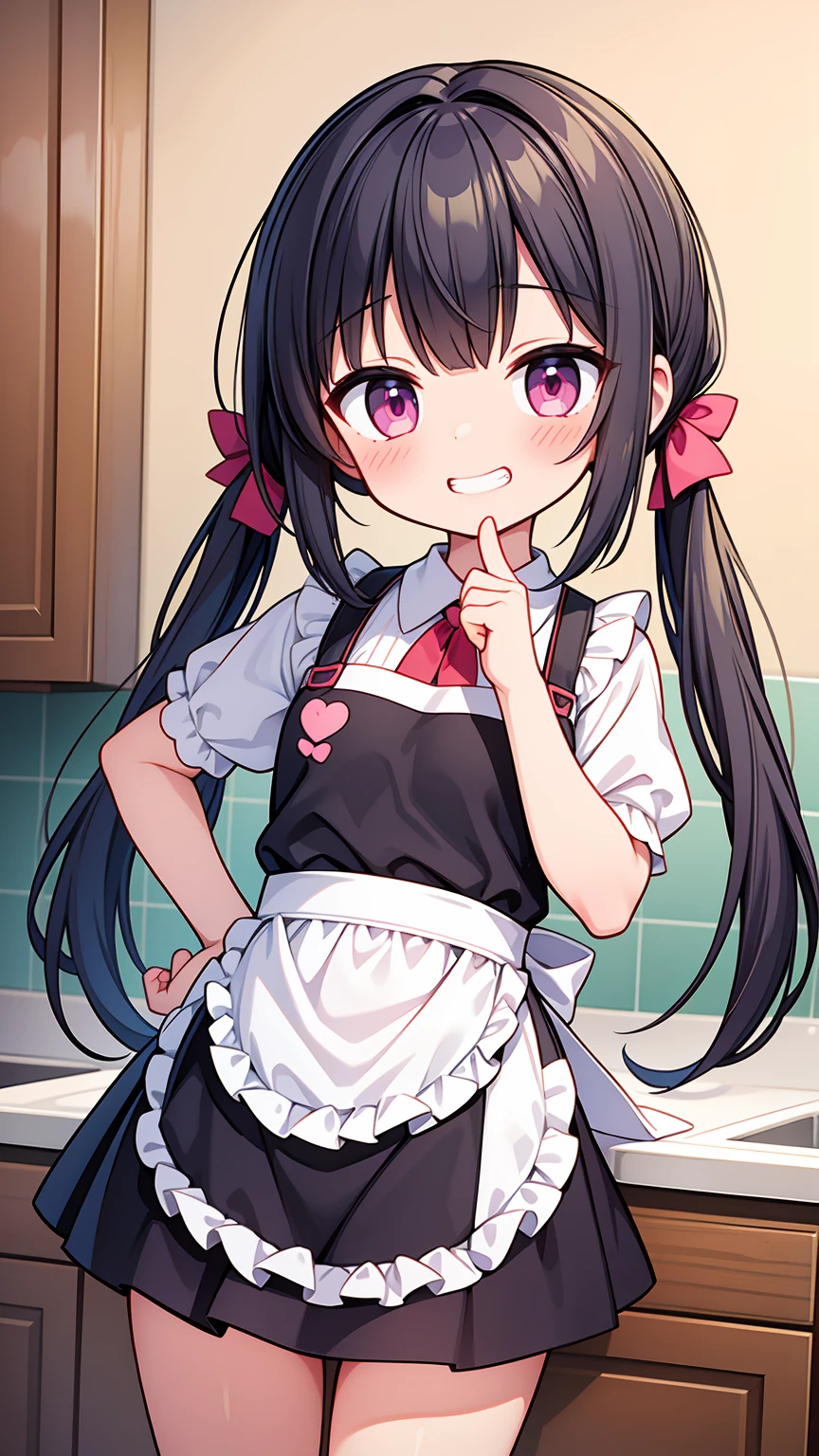 (8K, Highest image quality, highest quality, masterpiece), detailed face, ( girl), (little lolive) , black hair, short twintails, pink eyes, ((grin)), small breasts, naked apron, cowboy shot, put your hand on your mouth, kitchen background, ((very blushing)), ((detailed hands and fingers)), viewer perspective from below