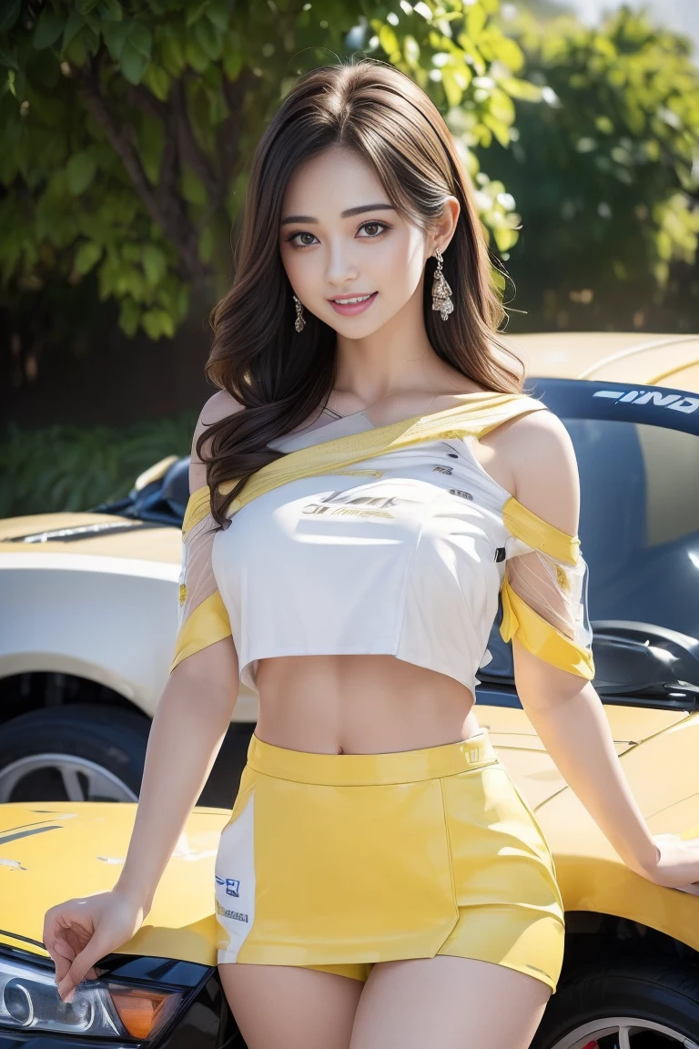 (((One-shoulder mesh girls outfit))),(((Dynamic pose))),(((Abdominal Peek))),(((Show lower chest ))),(((Yellow and white miniskirt lift))),(((Bare inner thighs))),(((Formula One racing car display))),Ulzzang-6500-v1.1, (Original photo:1.2), (Realistic:1.4), Beautiful and delicate girl, Very detailedな目と顔, Beautiful and delicate eyes,(Pale skin),  (Big Breasts：1.5）、Very detailed, High resolution, highest quality,masterpiece, Very detailed, 8k wallpaper, wonderful, Fine details, highest quality, There is Light on the face,Light,One Girl,(car truck),Beautiful Eyes,smile,Open your mouth