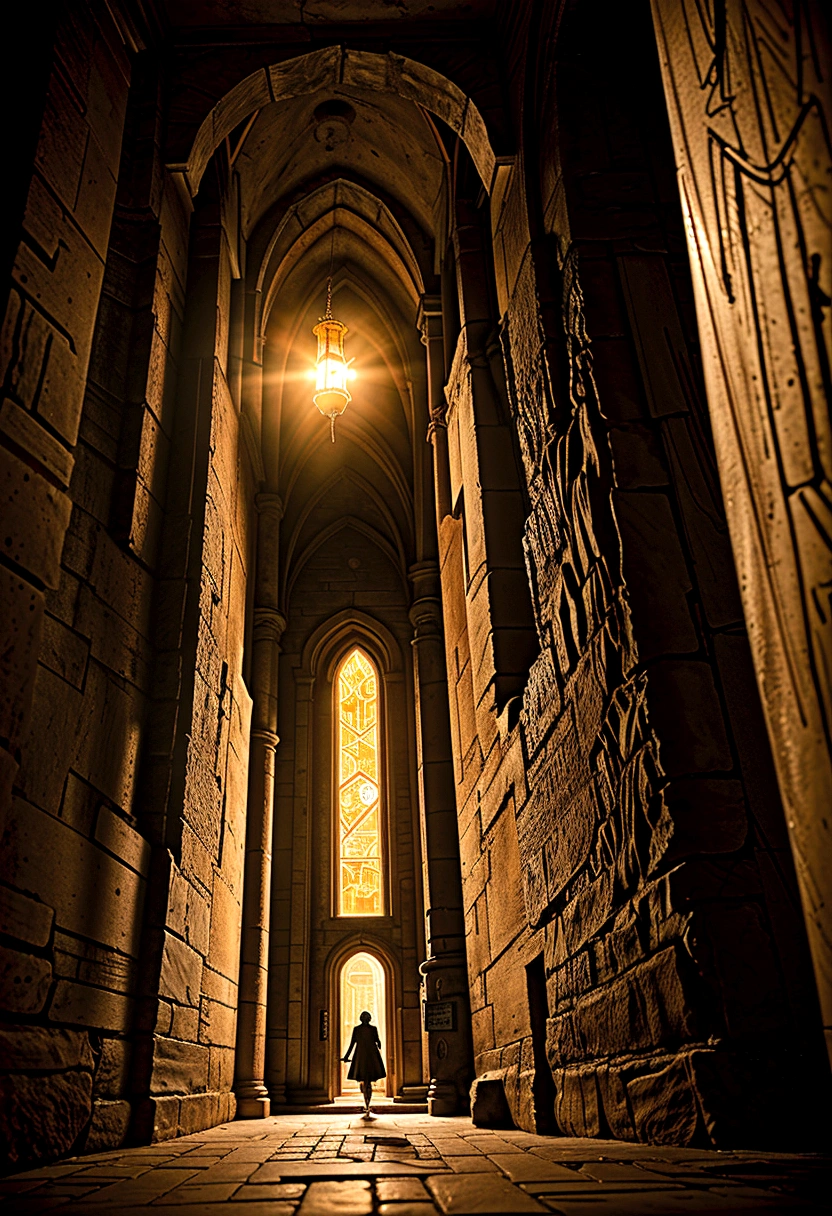 Create an RPG scene of an underground chamber with a large stone door covered in ancient runes. In front of the door is a pedestal with a 3x3 grid of nine symbols: a balanced scale, two arrows with one coming out of the other, a scroll, hands held together, a hand releasing a treasure, an open door with several people passing through, a shield, interlocked hands, and a protected tower. The chamber is dimly lit by torches, casting flickering shadows. Menacing creatures emerge from the darkness, approaching a person standing at the pedestal.