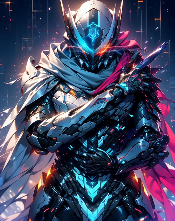 realistic,shiny,reflective,bioluminic, galactic cybernetic mask,mecha,(assassin:1.2),((((scarf,long cloak)))),sh4g0d,GlowingRunes_red,fullbody,cinemnatic,dark background,backlight,high contrast,