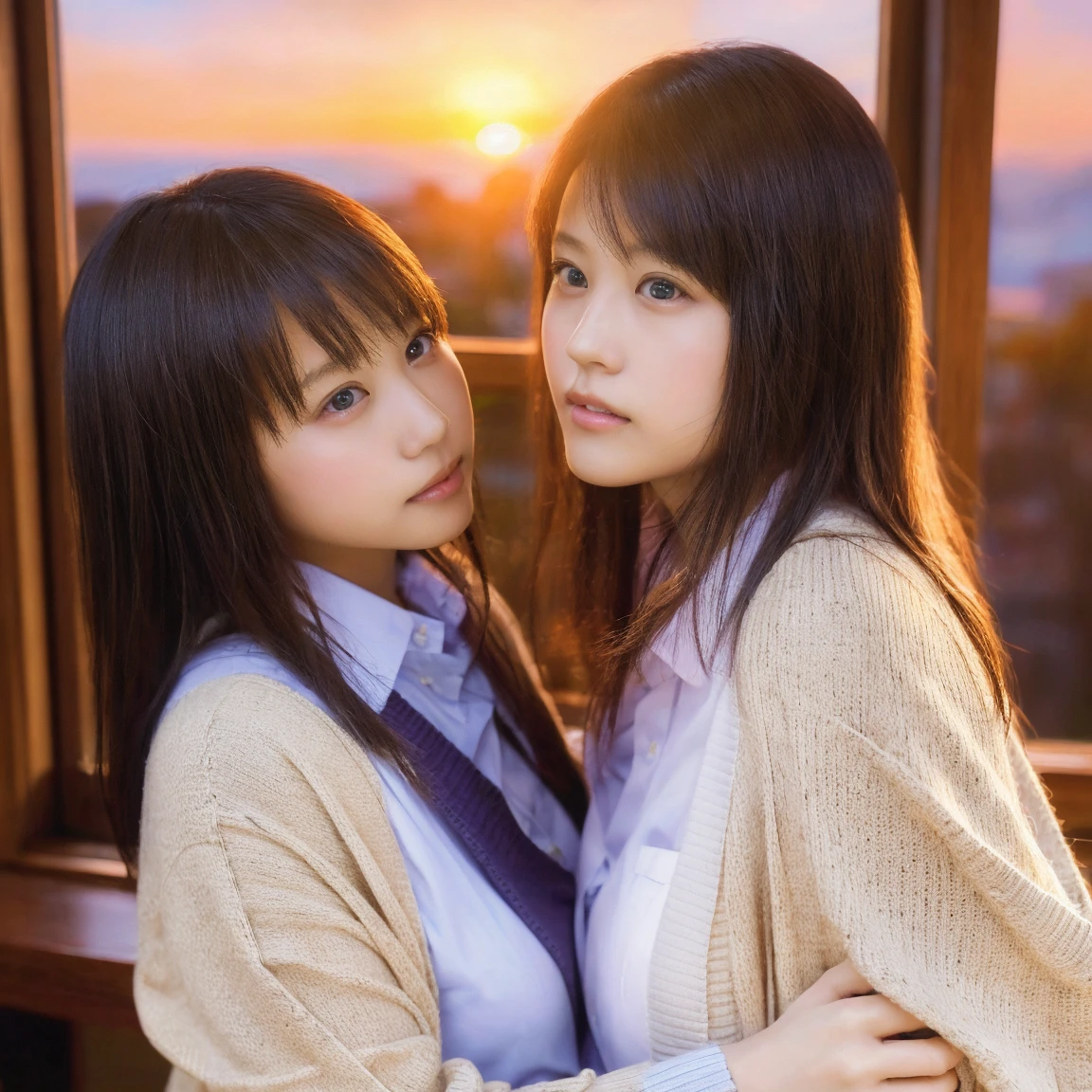 Identical twin sisters born ((Portraiture)), (highest quality), (Realistic, Photorealistic:1.3), highest quality ,Tabletop, Very delicate and beautiful, Very detailed ,Hmph ,Unity , 2k wallpaper, wonderful, finely, Tabletop, highest quality, Highly detailed ticker Unity 8k wallpaper, Large file size , Very detailed, High resolution, Very detailed, A strong wind is blowing, (((3 people))), (((二人のborn徒は目を閉じて抱きしめてキス💏 それを興奮した表情で見つめる女教師))), (classroom), ((The eldest son is wearing a cardigan)), (((Two students))), ((Sunset outside the window)),