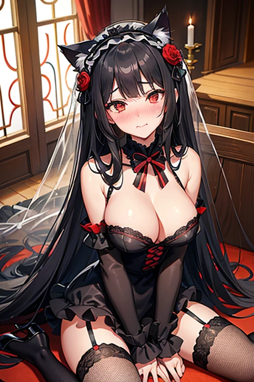 18 yeas old, girl, black hair, long hair, slim, big tits, narrow red eyes, cute, cat ears, (embarrassed, blush:1.3), smiling, black lace dress, wedding dress, ribbon, fishnet, garter belt, frills, Kneesocks, high heels, blue rose, headdress, frontal, spread legs, church,