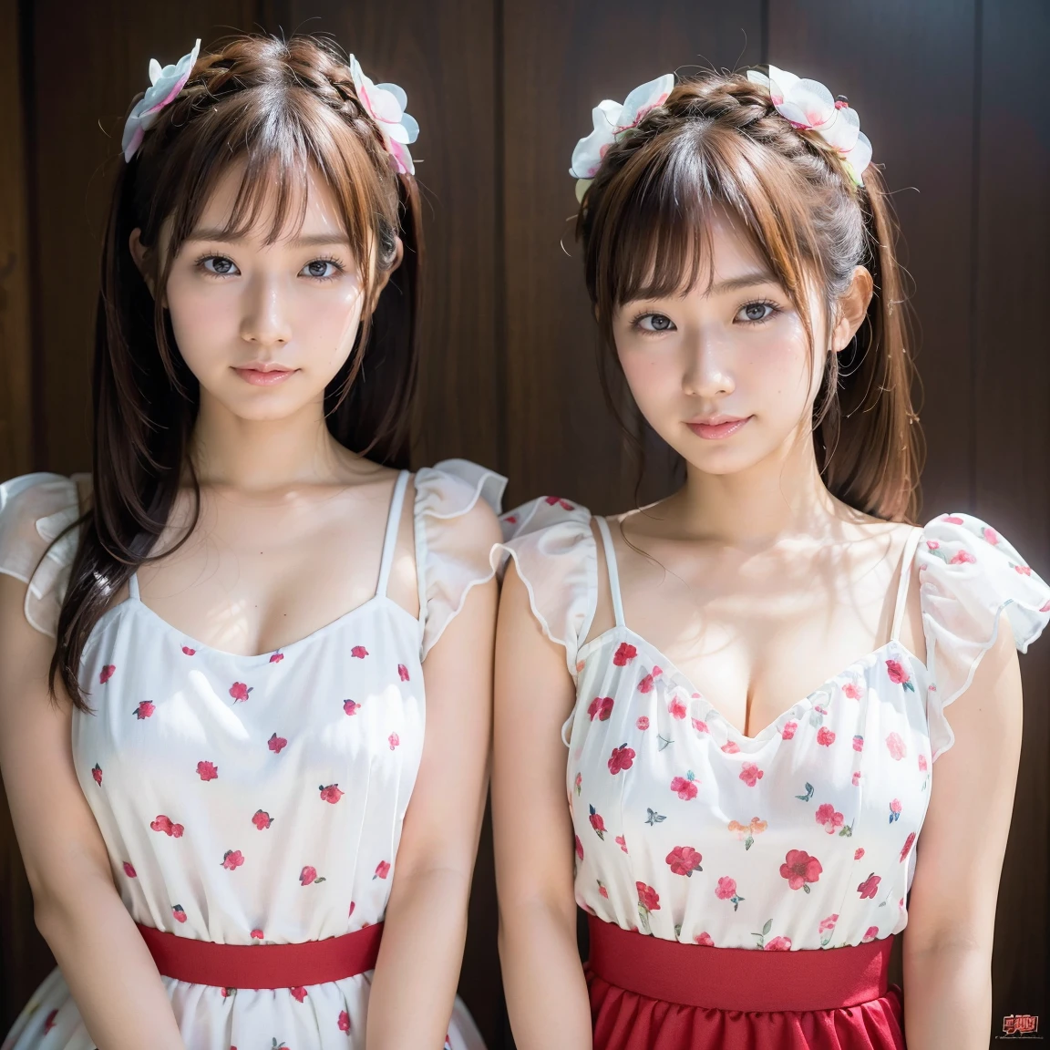 Identical twin sisters、Medium display, Medium Shot, Written boundary depth, bust, Upper Body, Movie angle, masterpiece, highest quality, Very detailed, CG, 8k wallpaper, Beautiful Face, Delicate eyes, Otome, alone, smile, bangs, skirt, shirt, have, Crimson Dress, bow, petal, bouquet