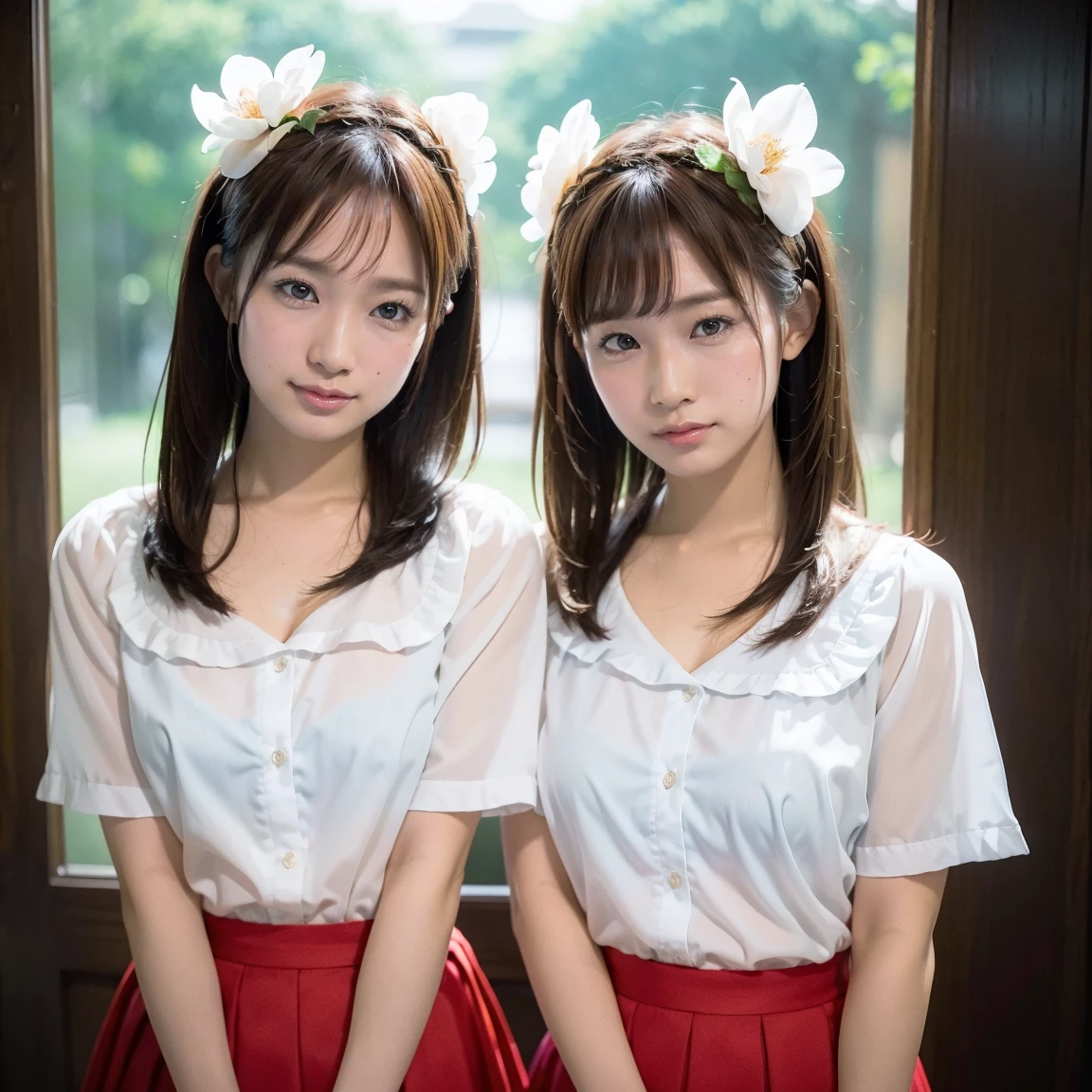 Identical twin sisters、Medium display, Medium Shot, Written boundary depth, bust, Upper Body, Movie angle, masterpiece, highest quality, Very detailed, CG, 8k wallpaper, Beautiful Face, Delicate eyes, Otome, alone, smile, bangs, skirt, shirt, have, Crimson Dress, bow, petal, bouquet