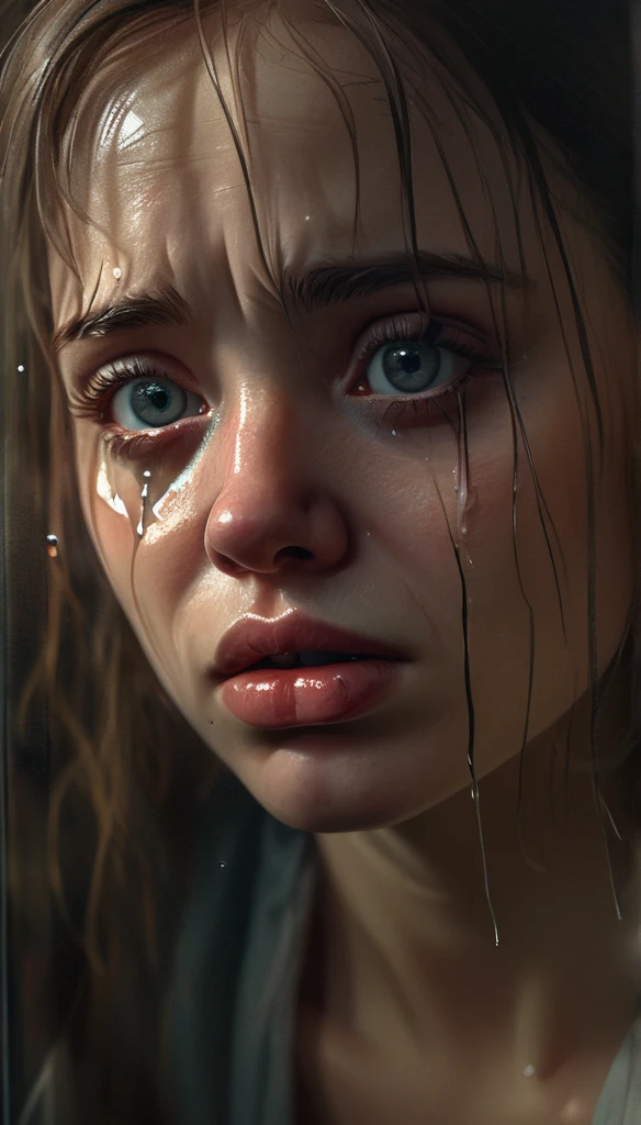 photorealistic, of the highest quality, Higher resolution, Super detailed, 16k, movie lighting, (rainy afternoon:1.4),(evening:1.4), (crying:1.4),(tears:1.4), Grandes tears, wet in the rain, wet hair, Light from the street lamp, detailed eyes, sad expression, tears run down my cheeks, Viewing angle like a classic movie., Works by famous directors., (1 girl in :1.4),Best Quality, mesa, (realist:1.2), young woman, Agitate, detailed face, detailed eyes, detailed hairs, detailed skin,look at the viewer, dramatic, Vibrant, (Best Quality Detail:1.2),8K High Definition,Ojos humedecidos con tears