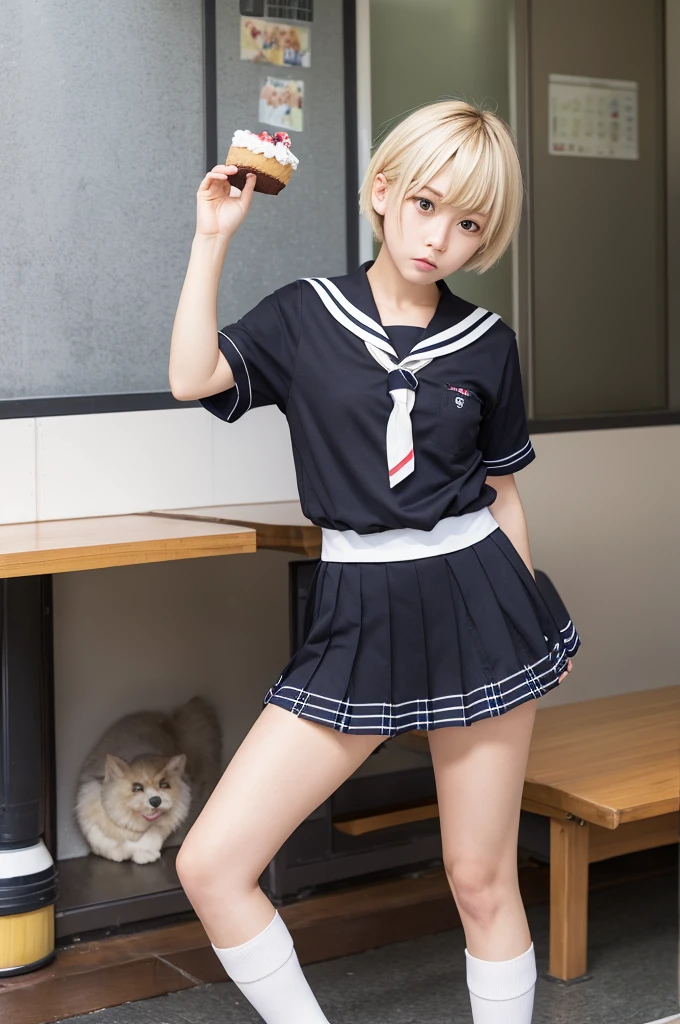 Masuwaka Tsubasa blonde short hair loose socks Sailor suit 腕にloose socks Black checked miniskirt Angry face See a smashed birthday cake