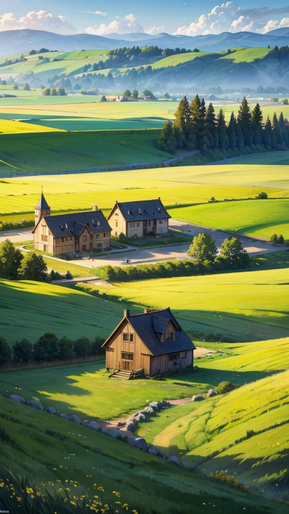 Wheat meadow, with many people working and harvesting, in the background you can see a large rural village with wooden houses and a large golden castle of a small wall