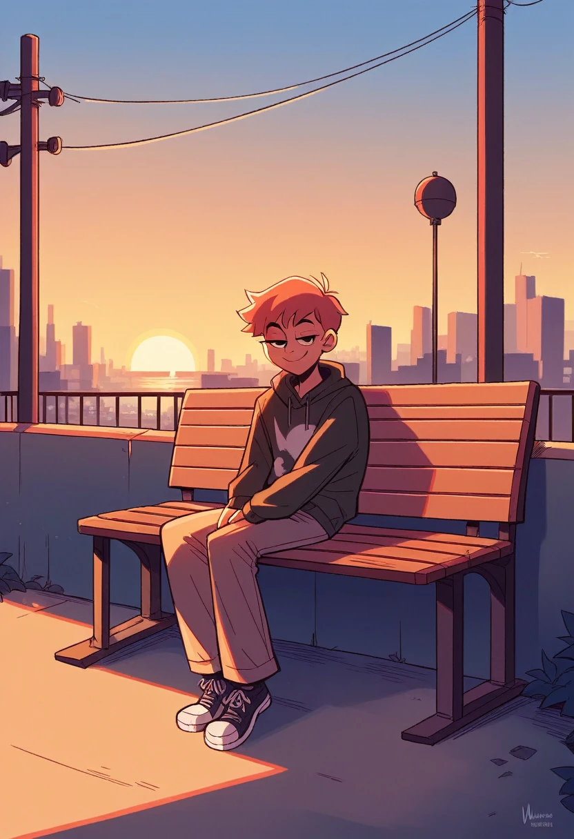 Looking_at_the_viewer, solo, full_Body, Nicely_smile, Seated_on_a_bench, sunset Light, sunset, urban city background, scottpilgrimvstheworld, Ramona_Flowers, half-closed eyes