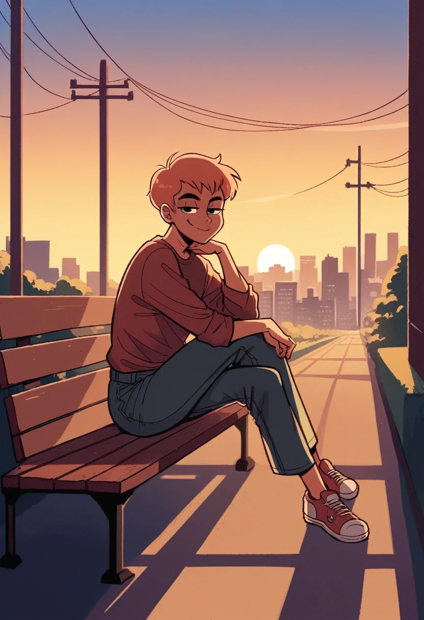 Looking_at_the_viewer, solo, full_Body, Nicely_smile, Seated_on_a_bench, sunset Light, sunset, urban city background, scottpilgrimvstheworld, Ramona_Flowers, half-closed eyes
