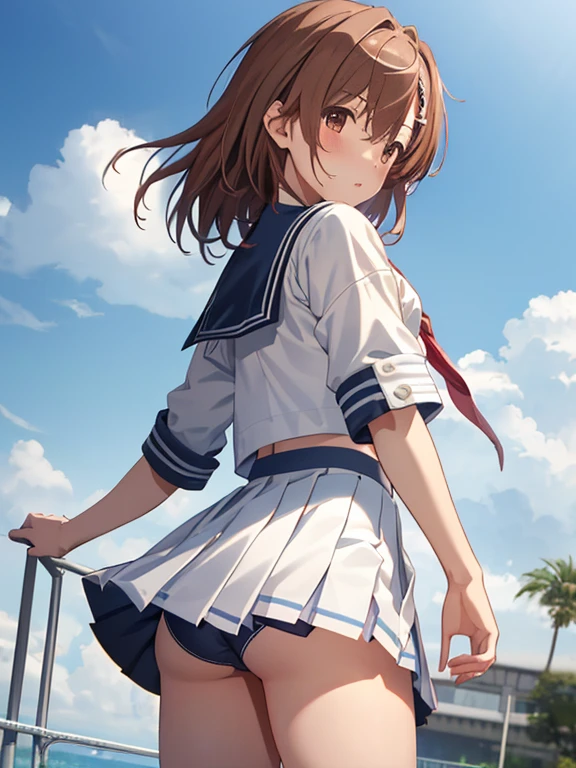 Misaka Mikoto、Back View, (Skirt flip、I can see her panties)、Sailor suit、UHD, retina, masterpiece, ccurate, anatomically correct, textured skin, super detail, high details, high quality, best quality, highres, 4K