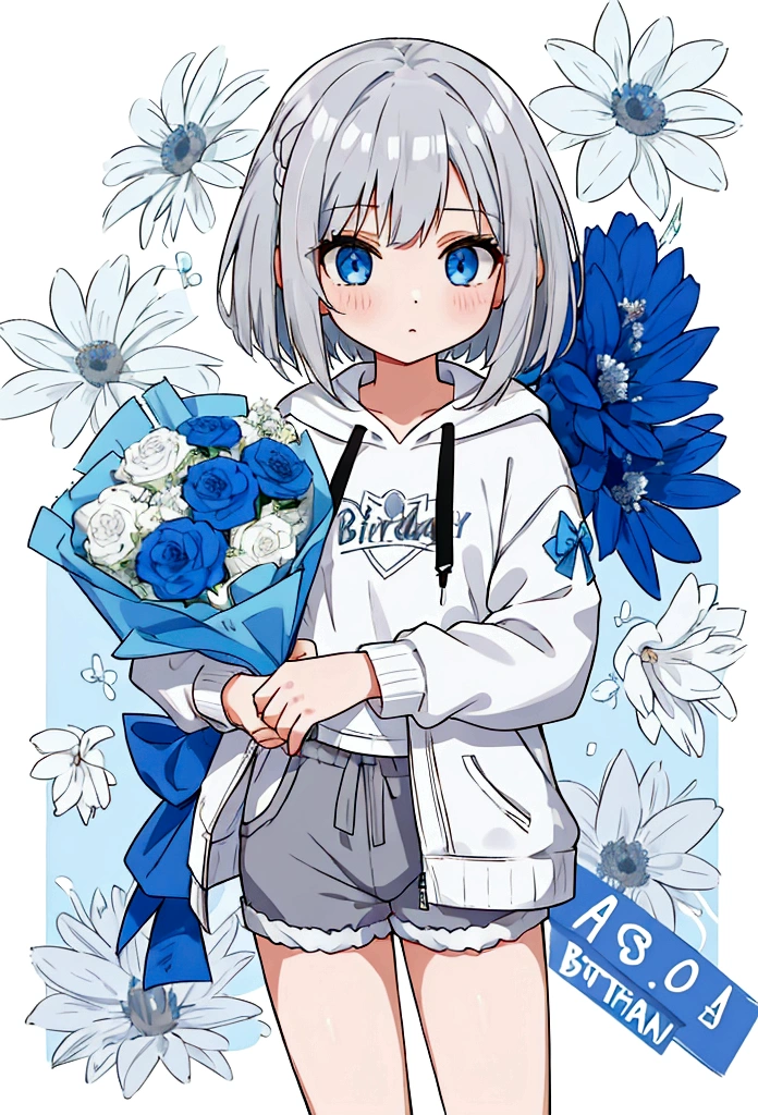 Girl,Silver Hair,blue eyes,Bob,birthday,whole body,White hoodie,Grey shorts,bouquet