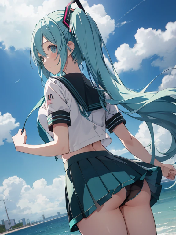 Hatsune Miku、Back View, (Skirt flip、I can see her panties)、Sailor suit、UHD, retina, masterpiece, ccurate, anatomically correct, textured skin, super detail, high details, high quality, best quality, highres, 4K