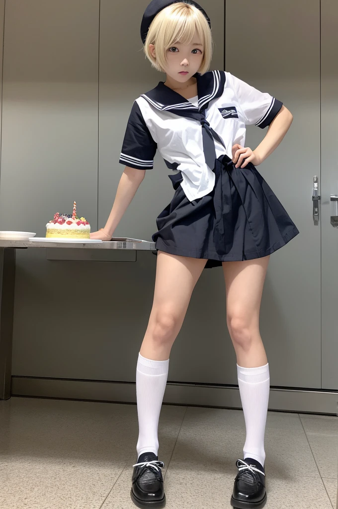 Masuwaka Tsubasa blonde short hair loose socks Sailor suit 腕にloose socks Black checked miniskirt Angry face See a smashed birthday cake
