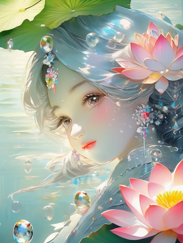 a pretty women, white crocodile, lake, lotus, Colorful colors, surrounded by water bubbles, in the style of Kawacy, Masterpiece, Oil painting drawn in realis style, head close - up, exaggerated perspective, Tyndall effect, water drops, mother - of - pearl iridescence, Holographic white,