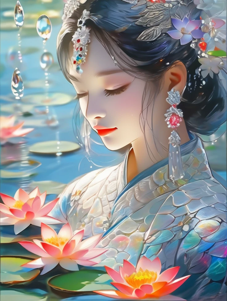 a pretty women, white crocodile, lake, lotus, Colorful colors, surrounded by water bubbles, in the style of Kawacy, Masterpiece, Oil painting drawn in realis style, head close - up, exaggerated perspective, Tyndall effect, water drops, mother - of - pearl iridescence, Holographic white,