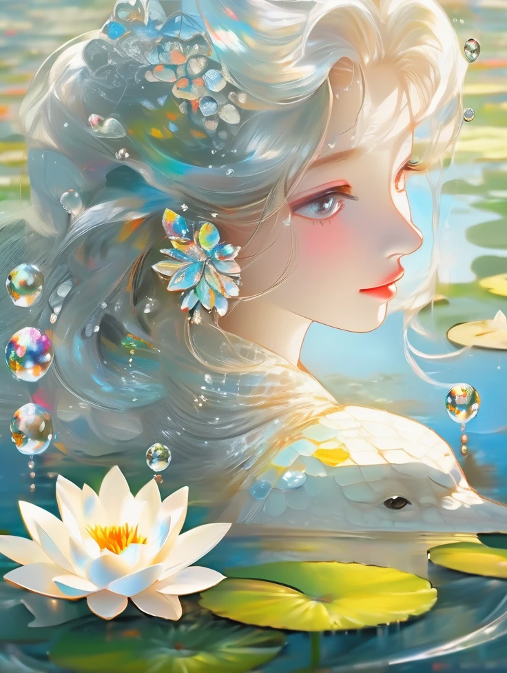 a pretty women, white crocodile, lake, lotus, Colorful colors, surrounded by water bubbles, in the style of Kawacy, Masterpiece, Oil painting drawn in realis style, head close - up, exaggerated perspective, Tyndall effect, water drops, mother - of - pearl iridescence, Holographic white,