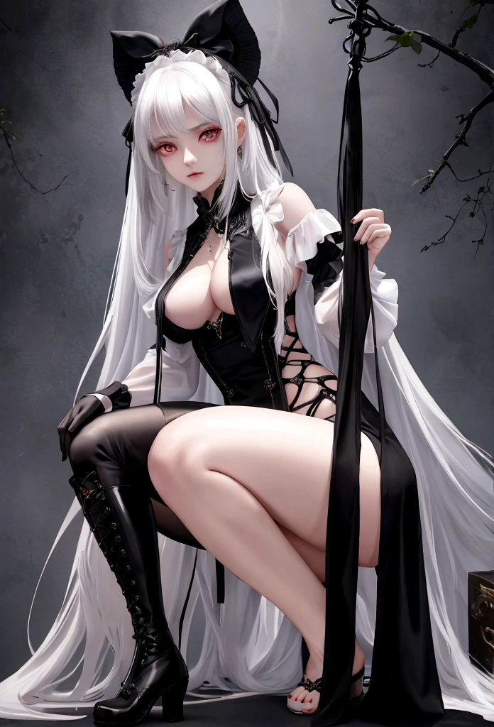 Girl, 20 years old, with long white hair down to below her waist, a serious yet tender expression, and red eyes. Her hair features black streaks. She wears antique-style clothing, a long black dress with a slit on the legs, and high black boots that almost reach her knees. Her power and background are related to shadows and darkness. dark escense, figth stance, detailed