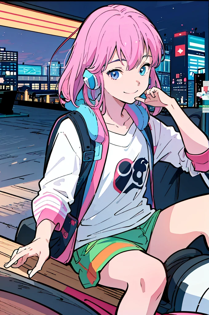 (High resolution, Best Quality, Masterpiece:1.2), (Realistic illustrations), Lo-fi Hip Hop, flat, 2.5D, Line art, Gouache color, Studio Ghibli style, Great colorful, Relaxed girl listening to music with headset, smile, はにかんだsmile, 80s city night view, Riding a motorcycle