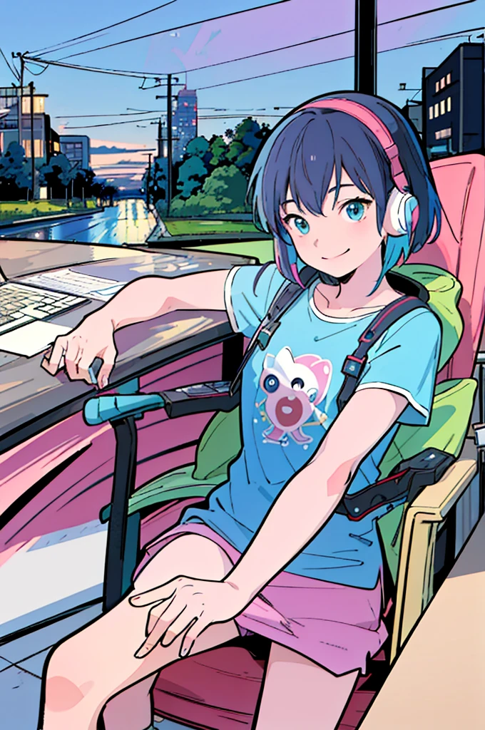 (High resolution, Best Quality, Masterpiece:1.2), (Realistic illustrations), Lo-fi Hip Hop, flat, 2.5D, Line art, Gouache color, Studio Ghibli style, Great colorful, Relaxed girl listening to music with headset, smile, はにかんだsmile, 80s city night view, Riding a motorcycle