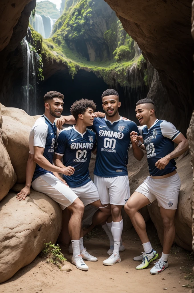 Homo sapiens, em frente a uma caverna , com a camisa de futebol do Santos futebol clube, jogando bola , amigos homo sapiens aplaudindo.