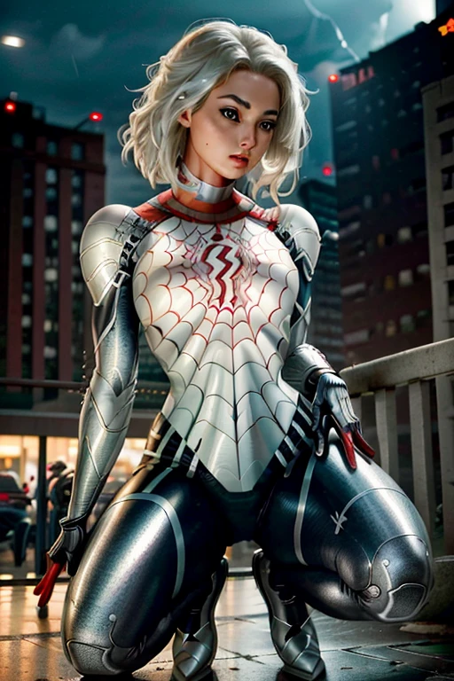 RAW photo, photo-realistic, ((Roseann Park)) as Spider Gwen, (((robotic armor suit, articulated armor suit, metallic armor suit)) or ((white spider-man suit))), spider-man, teal color accent, high heels((stilleto, platfoms)), spider, super hero, full body suit, armor, iron man, iron spider, medium white hair, beautiful face, rain, rooftop perch, masterpiece, intricate detail, perfect anatomy, ((masterpiece, best quality, highres, adult female)), realism, 1girl, TONED ABs, beautiful, intricate details, depth of field, 8k uhd, dslr, soft lighting, high quality, film grain, Fujifilm XT3