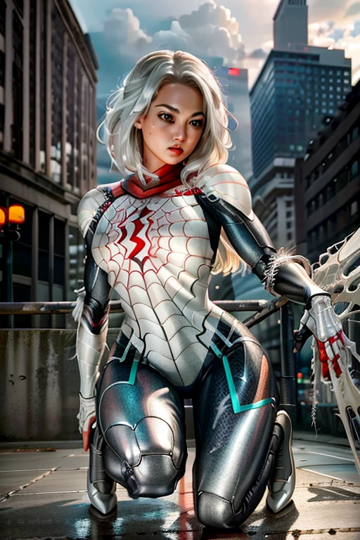 RAW photo, photo-realistic, ((Roseann Park)) as Spider Gwen, (((robotic armor suit, articulated armor suit, metallic armor suit)) or ((white spider-man suit))), spider-man, teal color accent, high heels((stilleto, platfoms)), spider, super hero, full body suit, armor, iron man, iron spider, medium white hair, beautiful face, rain, rooftop perch, masterpiece, intricate detail, perfect anatomy, ((masterpiece, best quality, highres, adult female)), realism, 1girl, TONED ABs, beautiful, intricate details, depth of field, 8k uhd, dslr, soft lighting, high quality, film grain, Fujifilm XT3