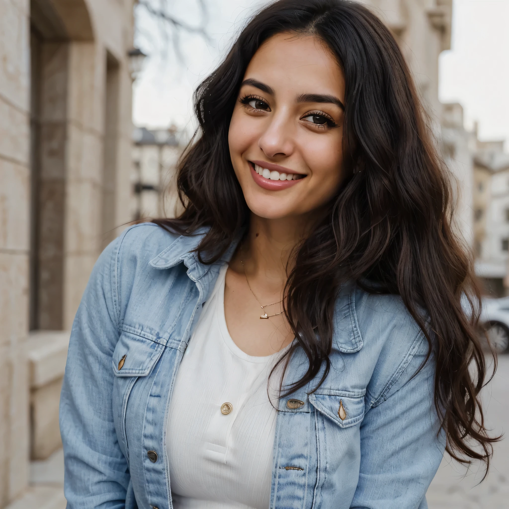 one cute women, 29YO, white, Arab, cute face, realistic brown eyes, blue jacket, black hair, cute smile, skinny face, white realistic teethes, big eyes, long wavy hair