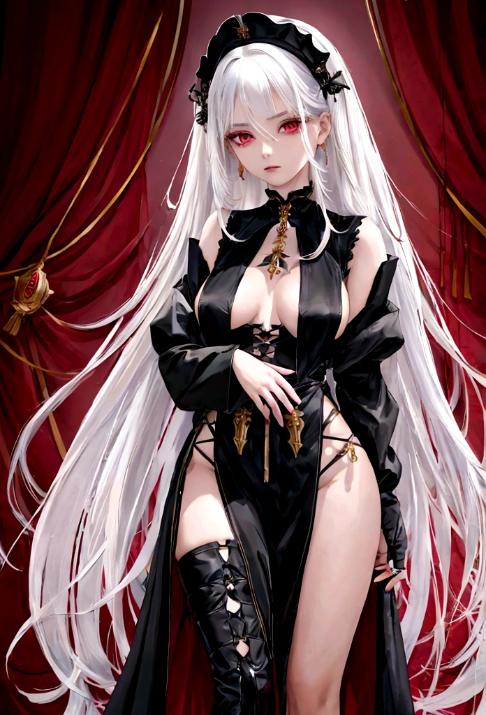 Girl, 20 years old, with long white hair down to below her waist, a serious yet tender expression, and red eyes. Her hair features black streaks. She wears antique-style clothing, a long black dress with a slit on the legs, and high black boots that almost reach her knees. Her power and background are related to shadows and darkness. dark escense, figth stance, detailed