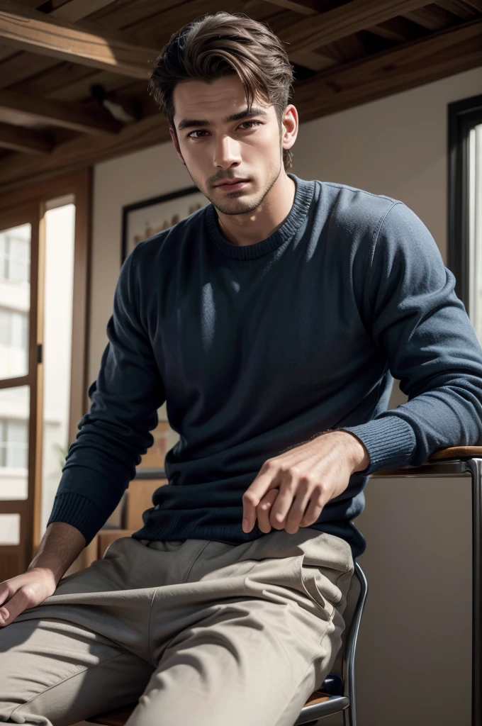 create a high-quality image of men's sweater clothing with a wooden background and having the right lighting