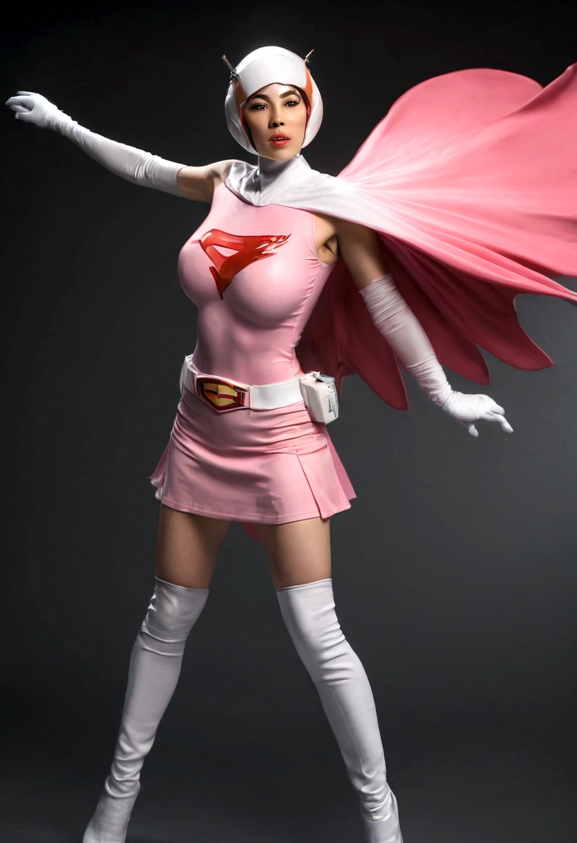 A girl in pink Gatchaman costume, miniskirt, long boots, long gloves, standing, one leg up, detailed face, H3JTS, giga_busty, best quality, 4k, 8k, highres, masterpiece:1.2, ultra-detailed, realistic, photorealistic, photo-realistic:1.37, HDR, UHD, studio lighting, ultra-fine painting, sharp focus, physically-based rendering, extreme detail description, professional, vivid colors, bokeh, concept art, dildointhong, from below