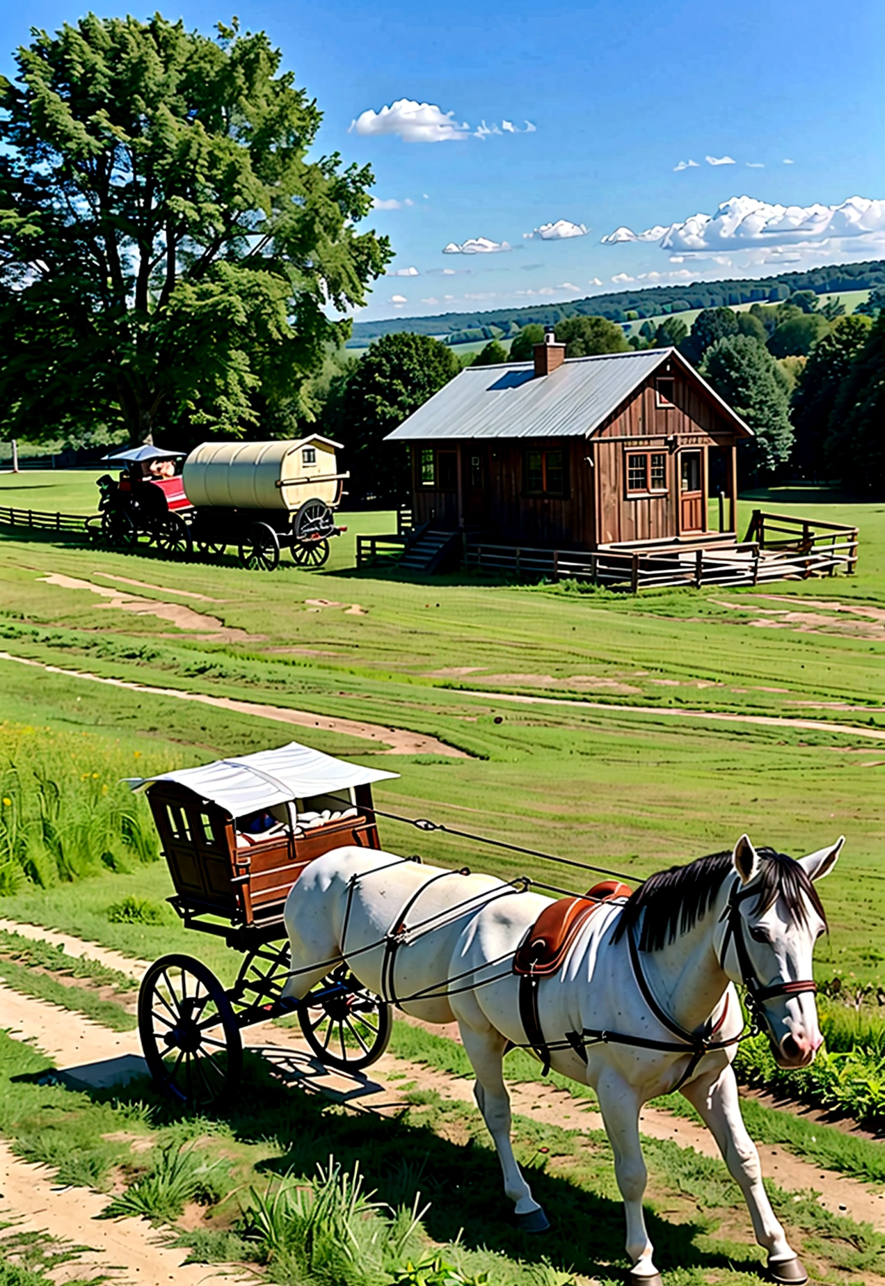 grey and white only, Book page coloring art, All-white background, Use only outlines, line art, coloring book, Clean line art, For coloring Simple and clean line art, coloring book page, perfect symmetric details, Amish Countryside: Amish farms in Pennsylvania with horse-drawn buggies traveling down country lanes, fields of ripe corn ready for harvest, a quilt hanging on a clothesline, and children playing in a sunlit meadow.
