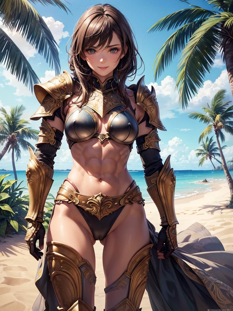 ,(best quality, ultra-detailed, realistic:1.37, masterpiece:1.2), woman, beautiful detailed eyes, beautiful detailed lips, brown hair tied up, smile, bikini armor, (muscular body:1.1),slim figure, caustics, textile shading, toned body, clean abs, palm trees swaying, Highly detailed colorful fancy armor and gauntlets,,desert