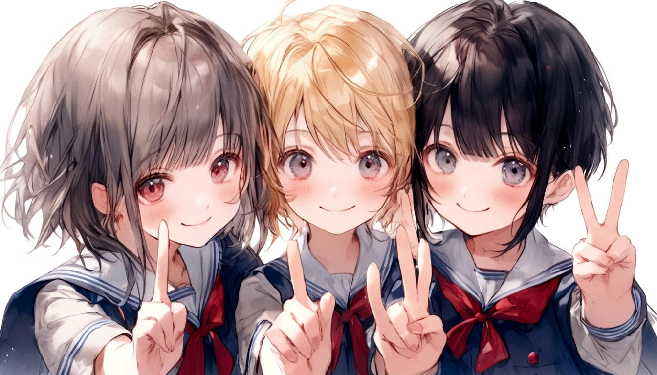 delicate、masterpiece、highest quality、2 peopleの女の子、2 people、Licorice Recoil、rikorisu rikoiru、Anime characters、(((Nishikigi Sensoku、chisato、cute、Blonde、short hair、With bangs、Cute red and grey uniform、Peace pose、smile、)))、(((Takina Inoue、takina、Black Hair、Long Hair、Navy blue and gray cute uniform、cute、Peace pose、Emotionless、Being a bit prickly、)))、White Background、Flat Color、2 peopleとも正面を向いている、sketch