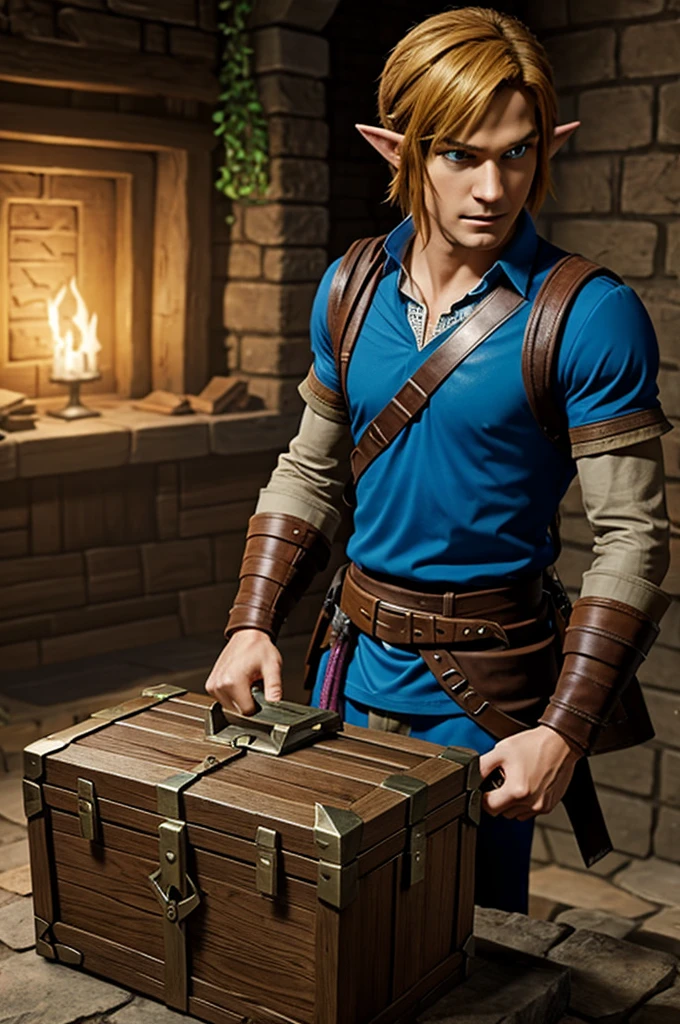 Link character from the game Zelda opening a chest in a dungeon with the contents of the chest that is a university degree.