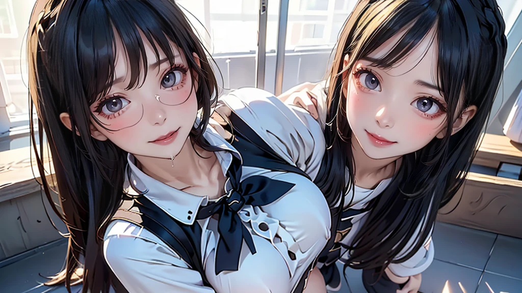 squatting,(breast squeeze),(random cute uniform),(random hairstyle),(Thin type:1.5),(large breasts),(Highest image quality,(8K), Ultra-realistic, Best Quality, High quality, High Definition, high quality texture, high detailing, Beautiful detailed, fine detailed, extremely details CG, Detailed texture, realistic representation of face, masterpiece, presence),(glasses:1.2)