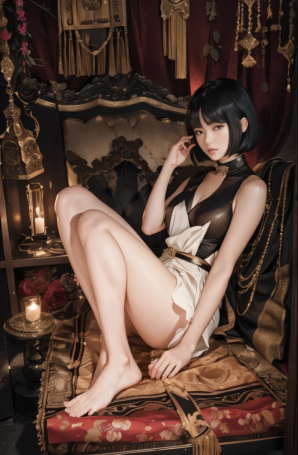 (Best quality, 8k, 32k, Masterpiece, UHD:1.2) "Generate a captivating artwork featuring a young Japanese girl model with short, sleek black hair styled in a chic bob haircut. Envision her bathed in dramatic cinematic lighting, creating an atmosphere of allure and mystery. Emphasize a romantic aesthetic vibe, showcasing the model in a poised and elegant pose that evokes a sense of intimacy and sophistication. Utilize warm and soft tones to enhance the romantic ambiance, and consider incorporating elements like flowing fabrics or flowers to add a touch of ethereal beauty. Capture the essence of romance and beauty through the model's expression, the play of light and shadows, and the overall aesthetic, creating a visually compelling and emotionally resonant piece." (perfect eyes), flawless skin, flawless face, cinematic, tight body, ((well-proportion female hands)), ((female hands with five digits))