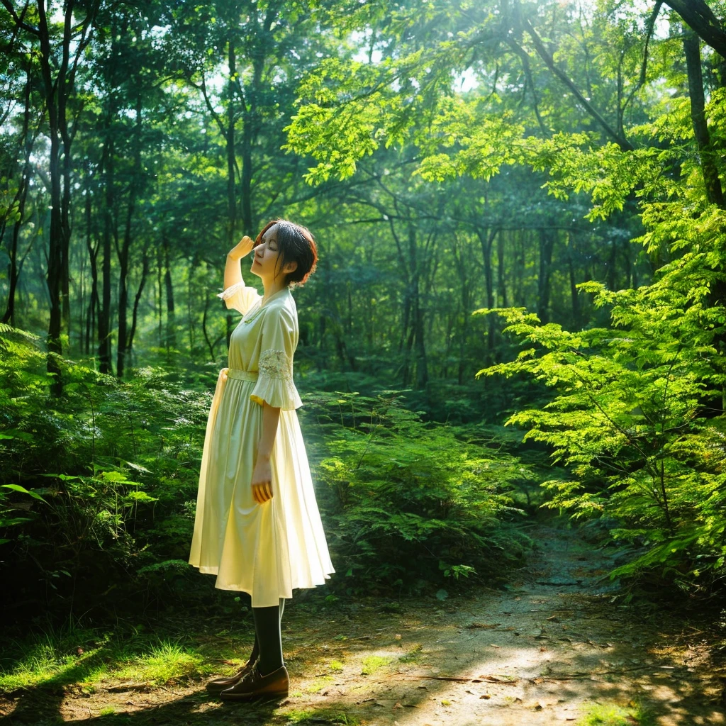 "in the forest、In a quiet place where sunlight shines through the trees、Birds are singing、Butterfly tree々A natural landscape dancing among the。A girl stands by the lake、Soft light penetrates、flower々is decorating the surroundings.。The clear lake shines、The light reflecting off the lake surface sparkles。湖のそばには明るい色のflowerが咲き乱れ、Swaying in the wind。Tall trees in the background々and、I can see a rainbow in the sky in the distance。自然の緑and湖の青を基調に、虹の色彩andflower々の明るい色がアクセントandなり、A soft light envelops the whole、It creates a calm and romantic atmosphere。Overall、Peace and Quiet、愛and調和が感じられるシーンで、自然の美しさand心が通じ合う瞬間の温かさが伝わる。", High resolution, masterpiece, highest quality, Intricate details, Very detailed, Clear focus, Delicate skin, practical skin texture, texture, Delicate eyes, Professional, 4K, Shot with Canon, 85mm, 浅いand深い, Kodak Vision Color, Exactly, Very detailed, photograph_\(Extremist\), photographpractical, practical, Post-processing, Maximum details, Roughness, Real Life, Extremist practical, Photorealism, photographgraphy, 8K Ultra HD, photographgraphy