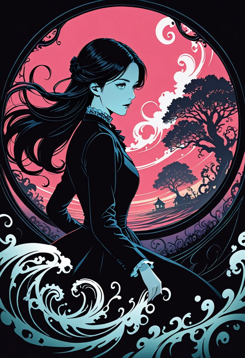 1 Girl white with long black hair. Fluorescent horizon, shadow art, Digital illustration, comic style, (magic swirl-style:0.8), (Victorian theme:1.1), dark color scheme, mysterious early 20th century Lovecraftian atmosphere.