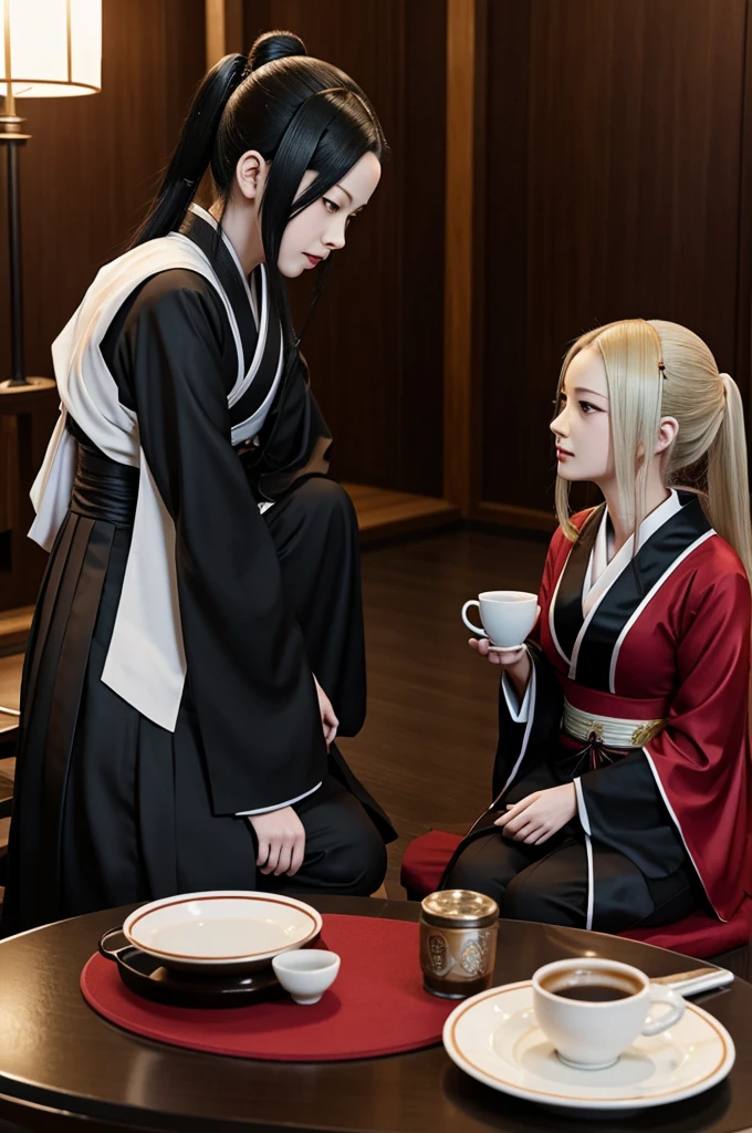 Una imagen de Hayasaka del anime "Kaguya Sama Love is War" hablando con el personaje de Hu Tao del juego Genshin Impact, sitting while having a coffee
