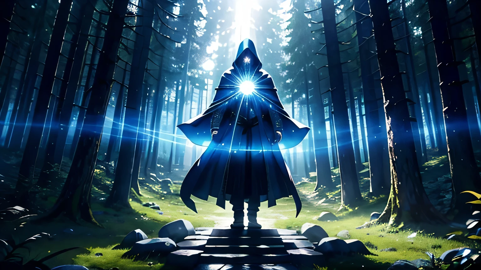 Powerful mage standing over altar, wearing hooded robes, hands extended out to the sides, casting an aura spell creating a ring of light around his body, embroidered robes, mythical forest backround, sun rays coming through the trees, long godlike beard, shadows completely covering face, lightning coming from eyes