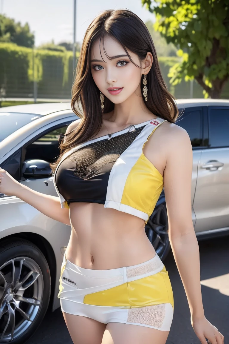 (((One-shoulder mesh girls outfit))),(((Dynamic pose))),(((Abdominal Peek))),(((Show lower chest ))),(((Yellow and white miniskirt lift))),(((Bare inner thighs))),(((Formula One racing car display))),Ulzzang-6500-v1.1, (Original photo:1.2), (Realistic:1.4), Beautiful and delicate girl, Very detailedな目と顔, Beautiful and delicate eyes,(Pale skin),  (Big Breasts：1.5）、Very detailed, High resolution, highest quality,masterpiece, Very detailed, 8k wallpaper, wonderful, Fine details, highest quality, There is Light on the face,Light,One Girl,(car truck),Beautiful Eyes,smile,Open your mouth