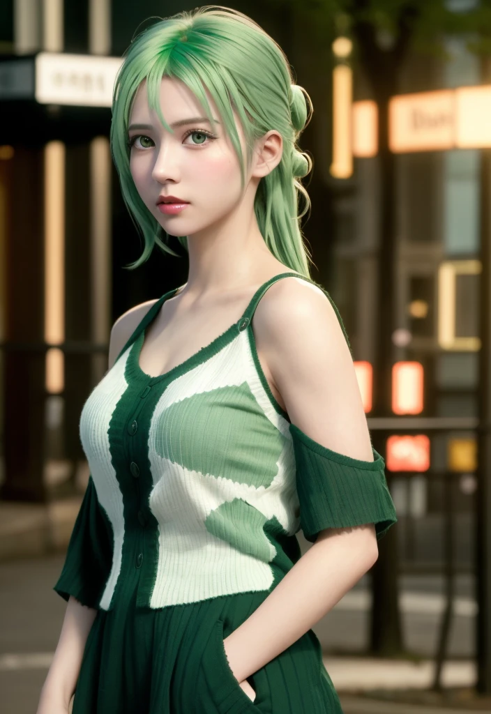 K, Top Quality, Intricate Details, Ultra Detail, Ultra High Resolution, Masterpiece, close up shot, (full body: 1.1), Slender, Smile, (Makeup: 0.4), (Fluffy purple Eyes: 1.21), (()), 1girl, solo, 1 girl, ((green hair, bangs, high ponytail)), close up shot, , ((tall)), (((fit body))), (((slim face))), sharp face, (()) (detailed face), sharp face, small lips, , , ((,, )), , ((black short, black crop top,)), detailed face, detailed breast, , ((large breast, huge breast)), detail ass, Narrow Waist, Skinny, tall , 190 cm tall, Muscular, Navel, Exposed Abdomen, Pointed Chest,, Beautiful girl with accentuated slender abs: 1.4, Six Pack Abs: 1.4, Bust Botox, Big, Perfect Body, detail leg, (( dark background)), black background,