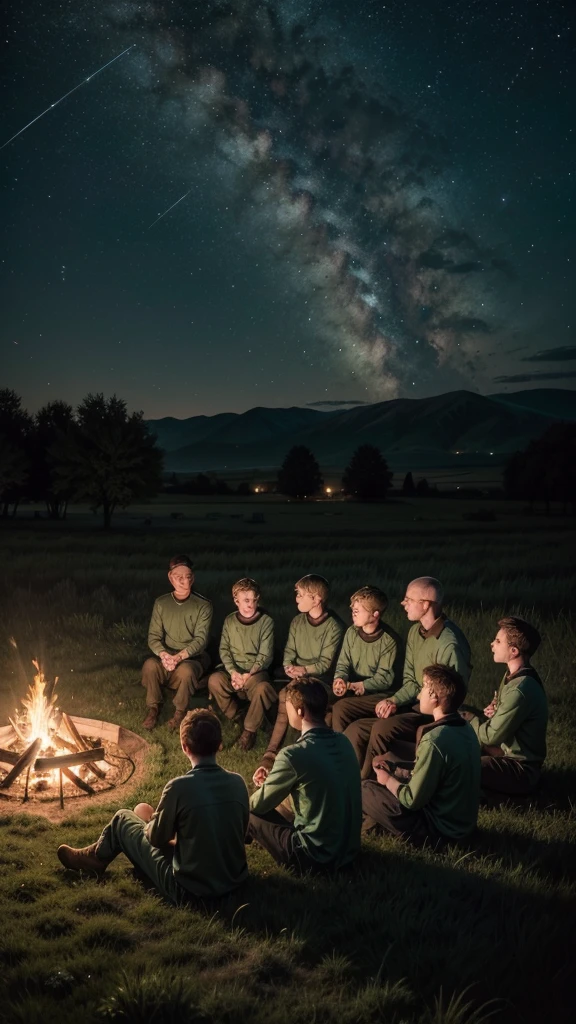 A vast green plain with a family of shepherds. Twelve brothers and their father, Jacob, gathered around a bonfire under the starry sky."Foco: The green landscape and the family.