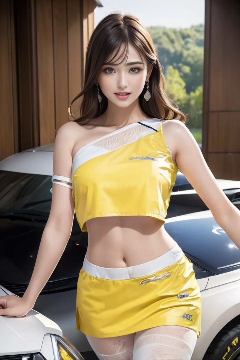 (((One-shoulder mesh girls outfit))),(((Dynamic pose))),(((Abdominal Peek))),(((Show lower chest ))),(((Yellow and white miniskirt lift))),(((Bare inner thighs))),(((Formula One racing car display))),Ulzzang-6500-v1.1, (Original photo:1.2), (Realistic:1.4), Beautiful and delicate girl, Very detailedな目と顔, Beautiful and delicate eyes,(Pale skin),  (Big Breasts：1.5）、Very detailed, High resolution, highest quality,masterpiece, Very detailed, 8k wallpaper, wonderful, Fine details, highest quality, There is Light on the face,Light,One Girl,(car truck),Beautiful Eyes,smile,Open your mouth