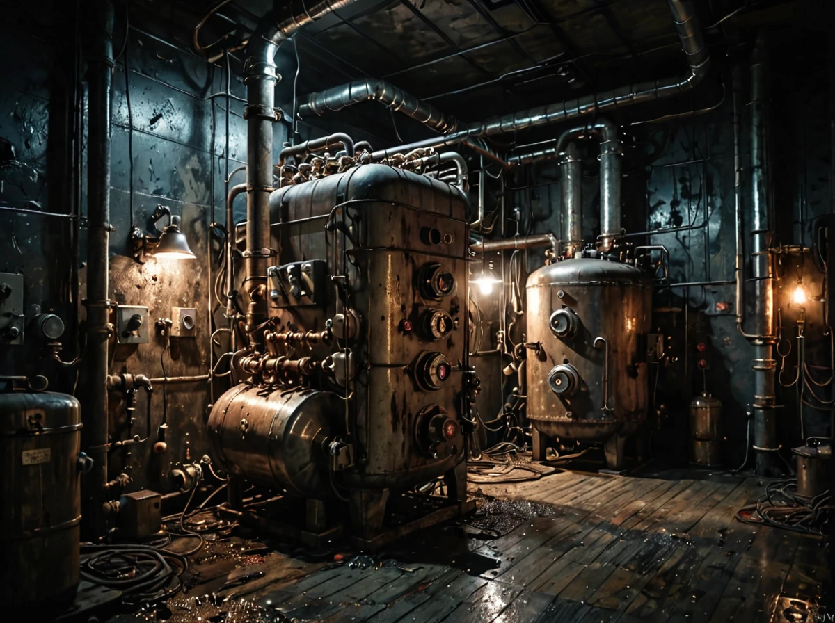 horror creepy boiler room, no lights, hyper realistic, horror, dark background, dark atmosphere, horror lighting, detailed, cinematic lighting