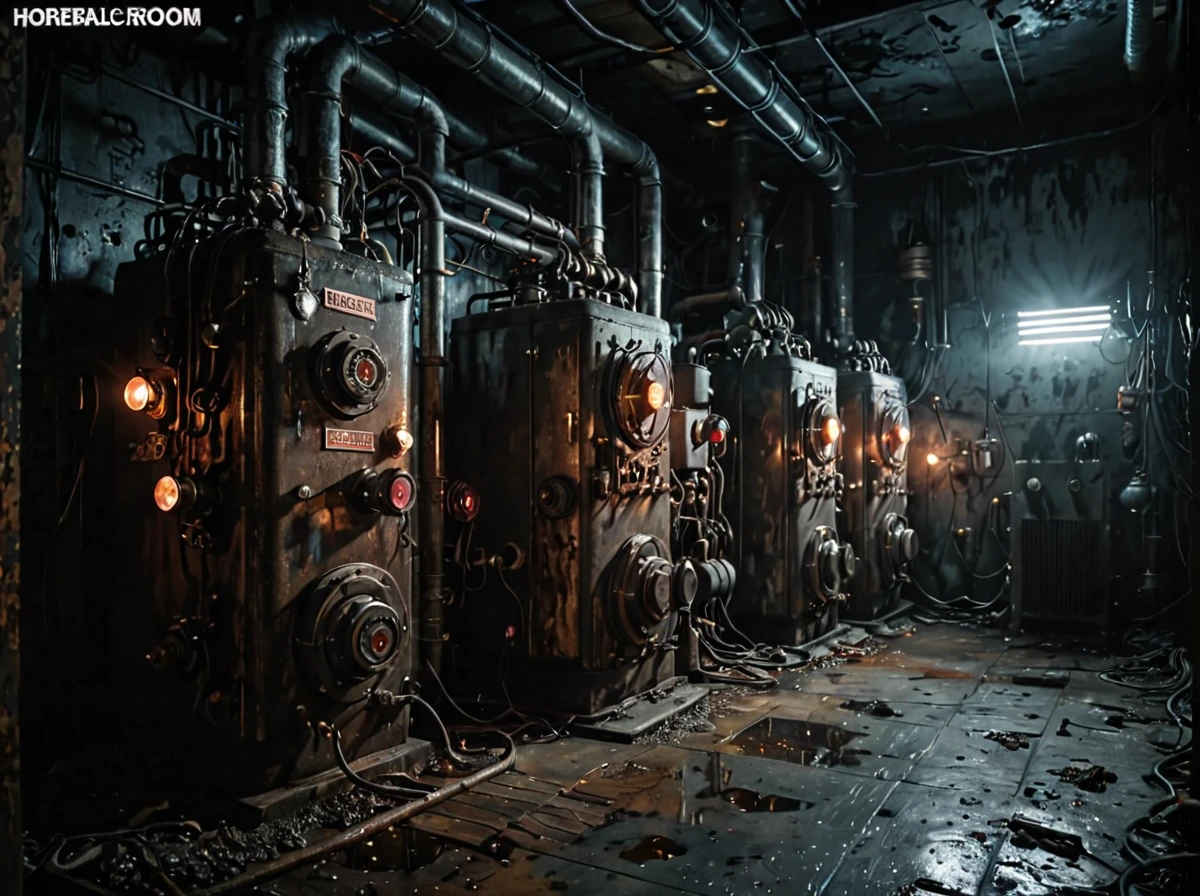 horror creepy boiler room, no lights, hyper realistic, horror, dark background, dark atmosphere, horror lighting, detailed, cinematic lighting