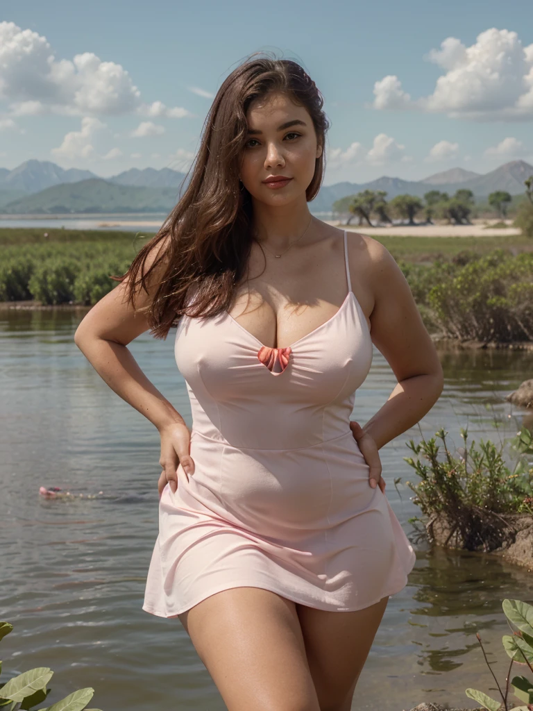 Araffe dress,Red dressRed wearing a short dress (white),Crocodile nearbya mountain of water near the Crocodiles nearby.light green, shining flowers,Red skywearing a suit (white), lipstick (pink) Escasamente vestido.Smooth sky model Hermosa figuracuerpo voluptuoso curvy hermosas sonrisa seductora Retrato Gabriella Lin Rojo Orange dress Red