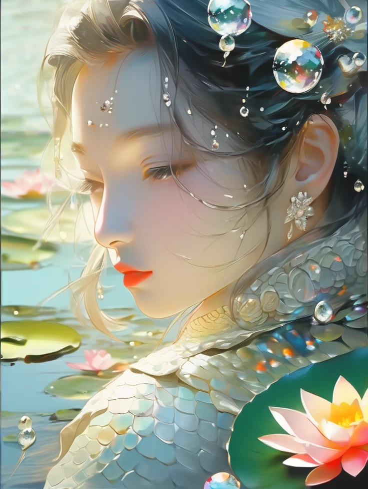 a pretty women, white crocodile, lake, lotus, Colorful colors, surrounded by water bubbles, in the style of Kawacy, Masterpiece, Oil painting drawn in realis style, head close - up, exaggerated perspective, Tyndall effect, water drops, mother - of - pearl iridescence, Holographic white,