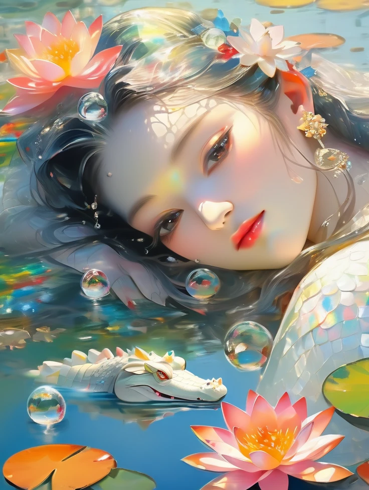 a pretty women, white crocodile, lake, lotus, Colorful colors, surrounded by water bubbles, in the style of Kawacy, Masterpiece, Oil painting drawn in realis style, head close - up, exaggerated perspective, Tyndall effect, water drops, mother - of - pearl iridescence, Holographic white,